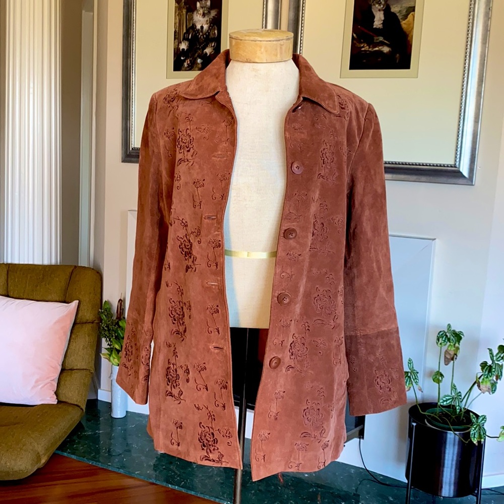 Embroidered Bernardo Sueded Leather Coat. Size M,